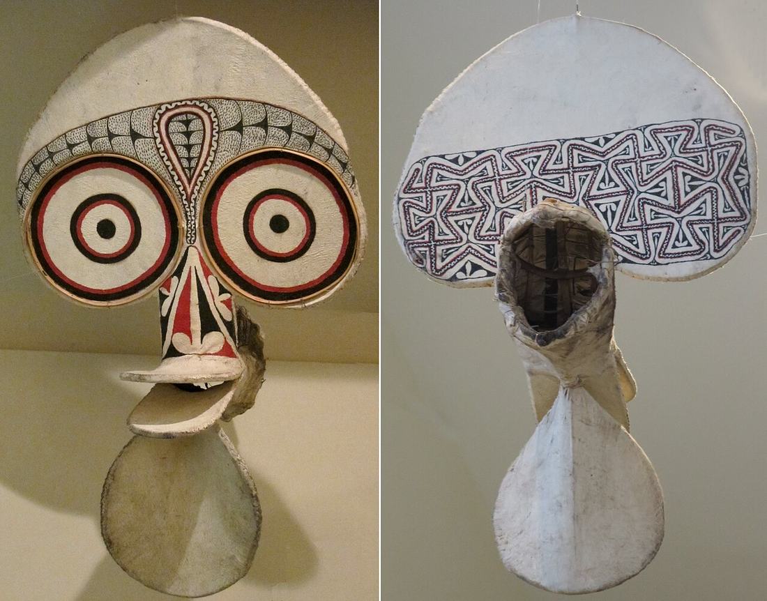 Baining fire-dance mask of barkcloth and bamboo, front and back (Honolulu Museum of Art)